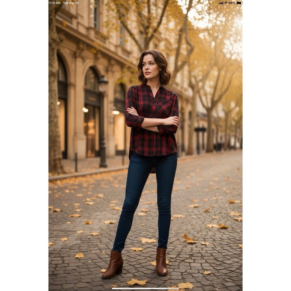 Cabi #3587 Cunningham Red/Gray Plaid Flannel Popover Shirt Sz S